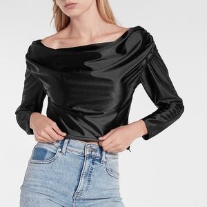Express Satin Draped Off Shoulder Blouse Top Black Size Small New Long Sleeve S